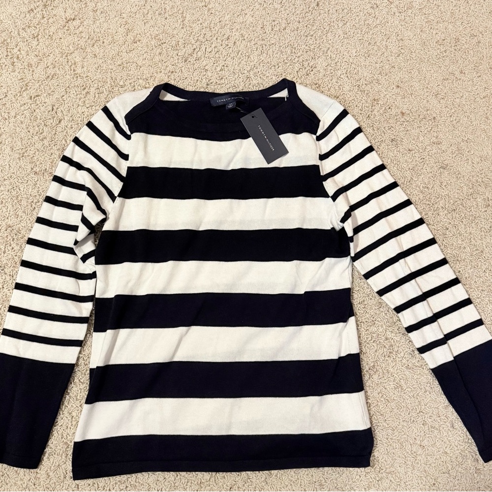 Tommy Hilfiger Navy and White Striped Knit Top